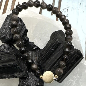 Rainbow black obsidian  beaded bracelet dainty gold
